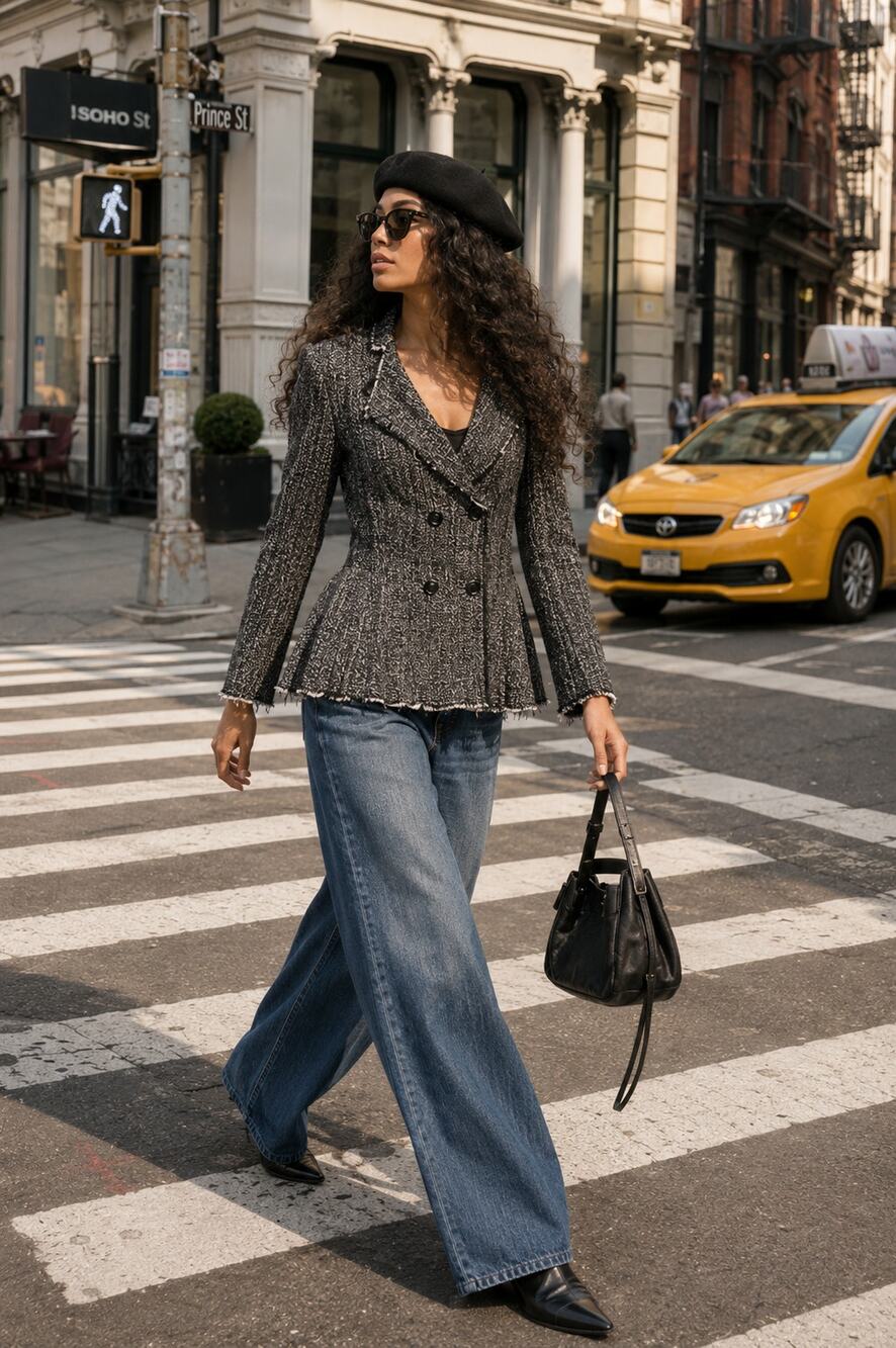 Rebecca Taylor | Black White Tweed Cinched Waist Double Breasted Blazer 8